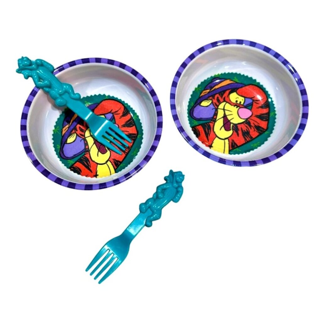 Vintage Disney Winnie Pooh Tigger Zak Design Melamine Bowls Wilton Plastic Forks